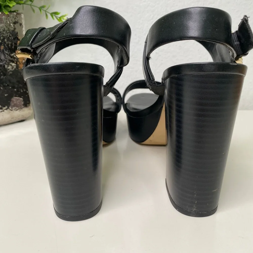 Michael Kors Carmen Black Leather Platform Sandals Heels Block Heel Logo Size 10